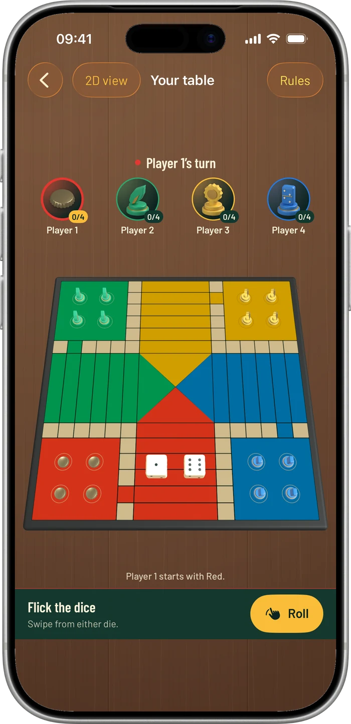 Loodie's 3D Jamaican board, player pieces and two dice, shown on an iPhone