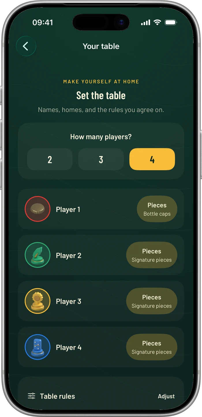 A four-player Loodie table setup with names and chosen pieces